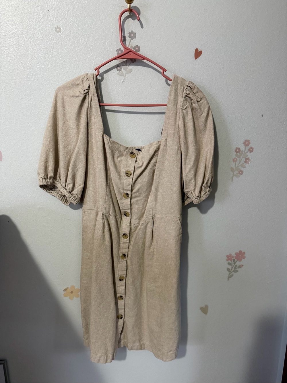 Old Navy Beige Button-Front Puff Sleeve Mini Dress